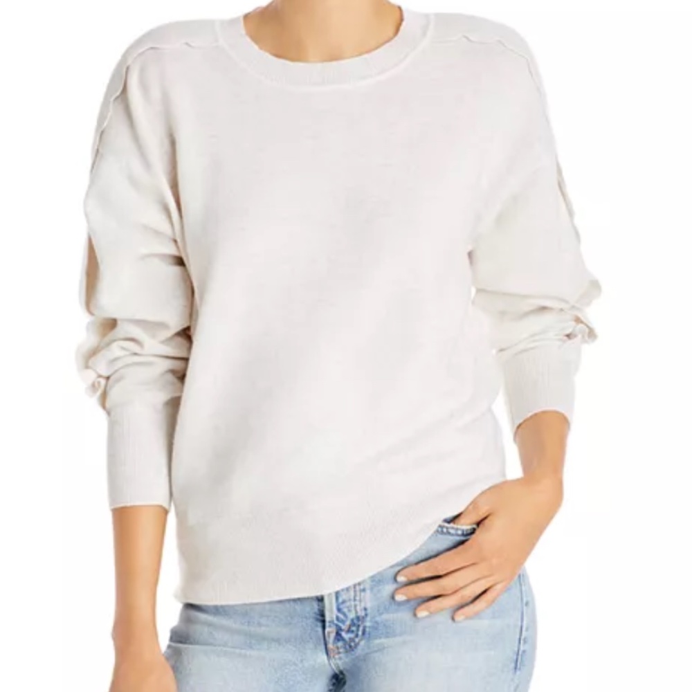 Aqua Scallop Sleeve 100% Cashmere Sweater in Ivory